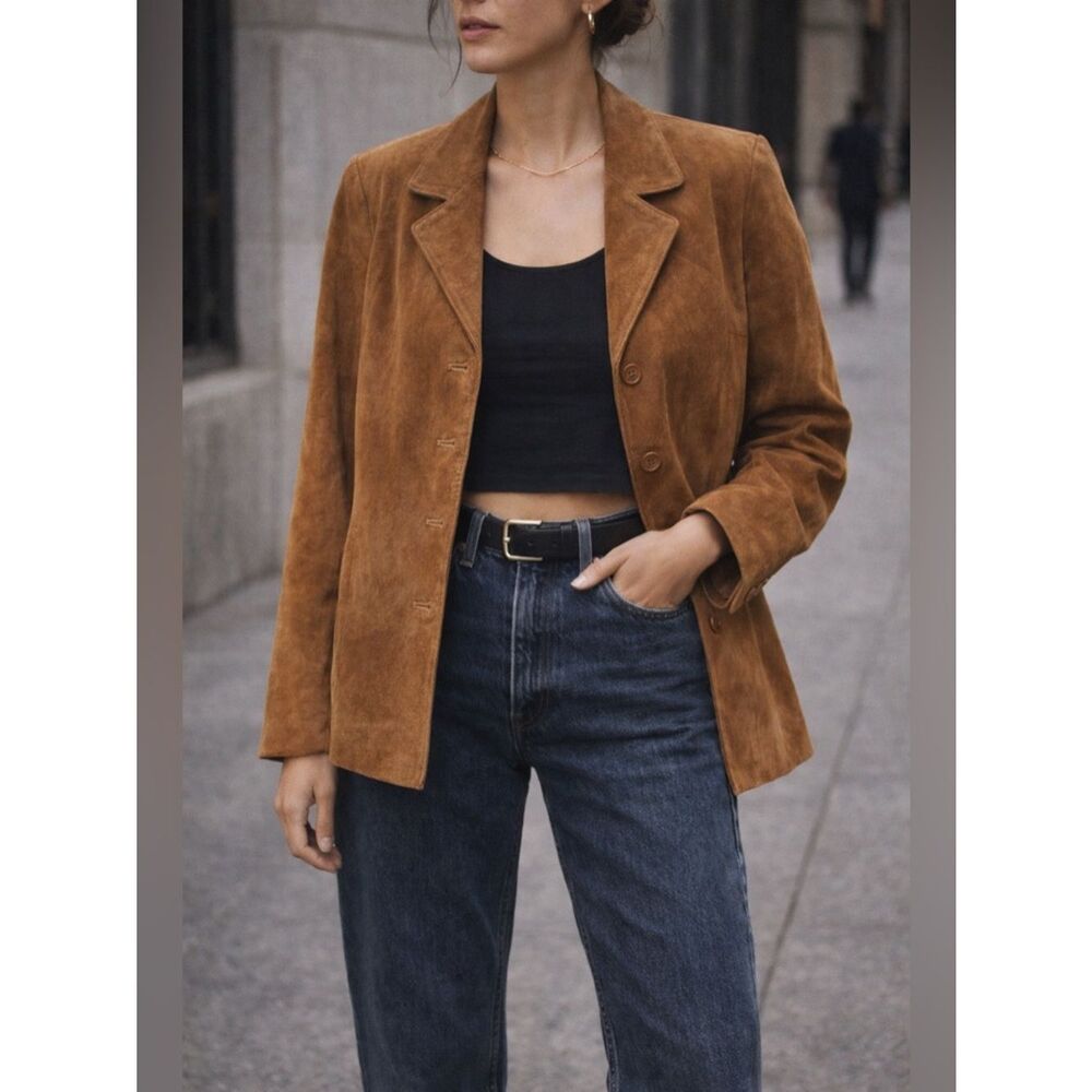 Vintage Caramel Brown Leather Blazer Jacket Size 10 Tailored Minimalist